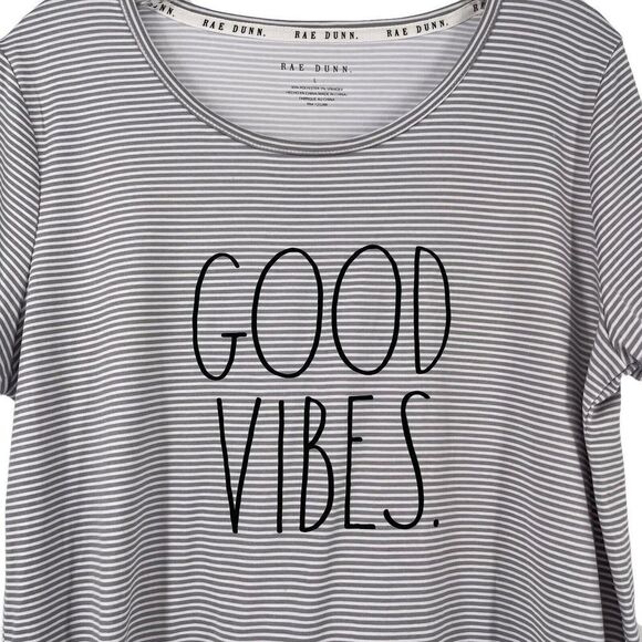 Rae Dunn Good Vibes Sleep Shirt Womens Size L Short Sleeve Striped Lounge PJs - Picture 2 of 5